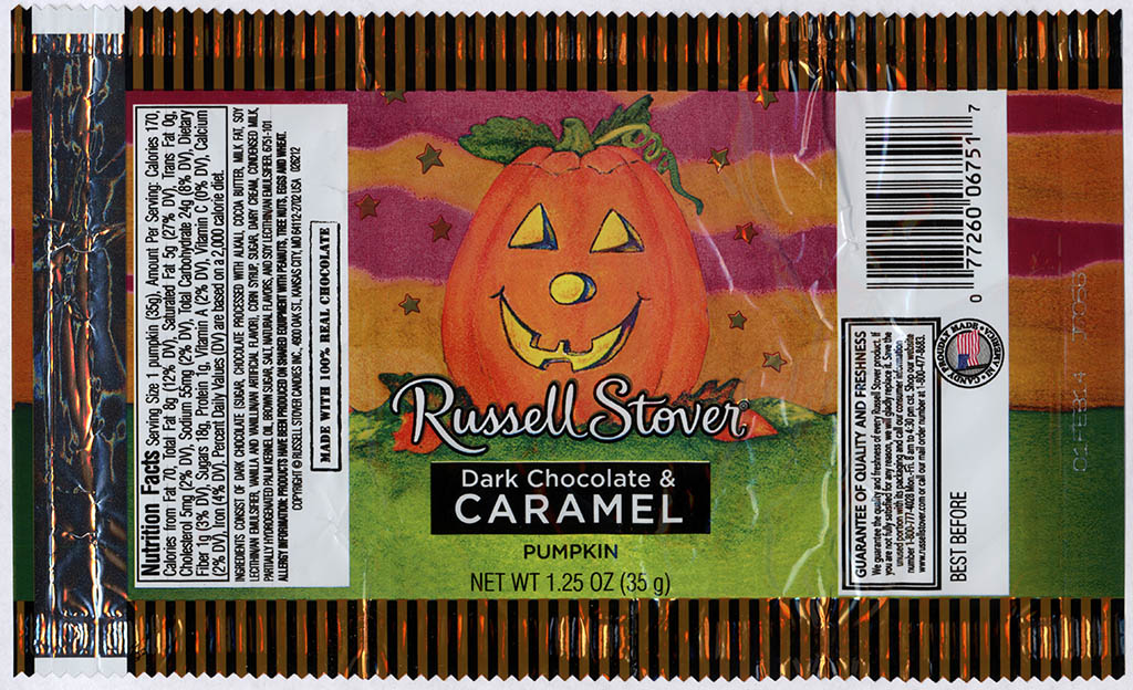 Russell Stover - Dark Chocolate and Caramel Pumpkin - candy package - Halloween 2013