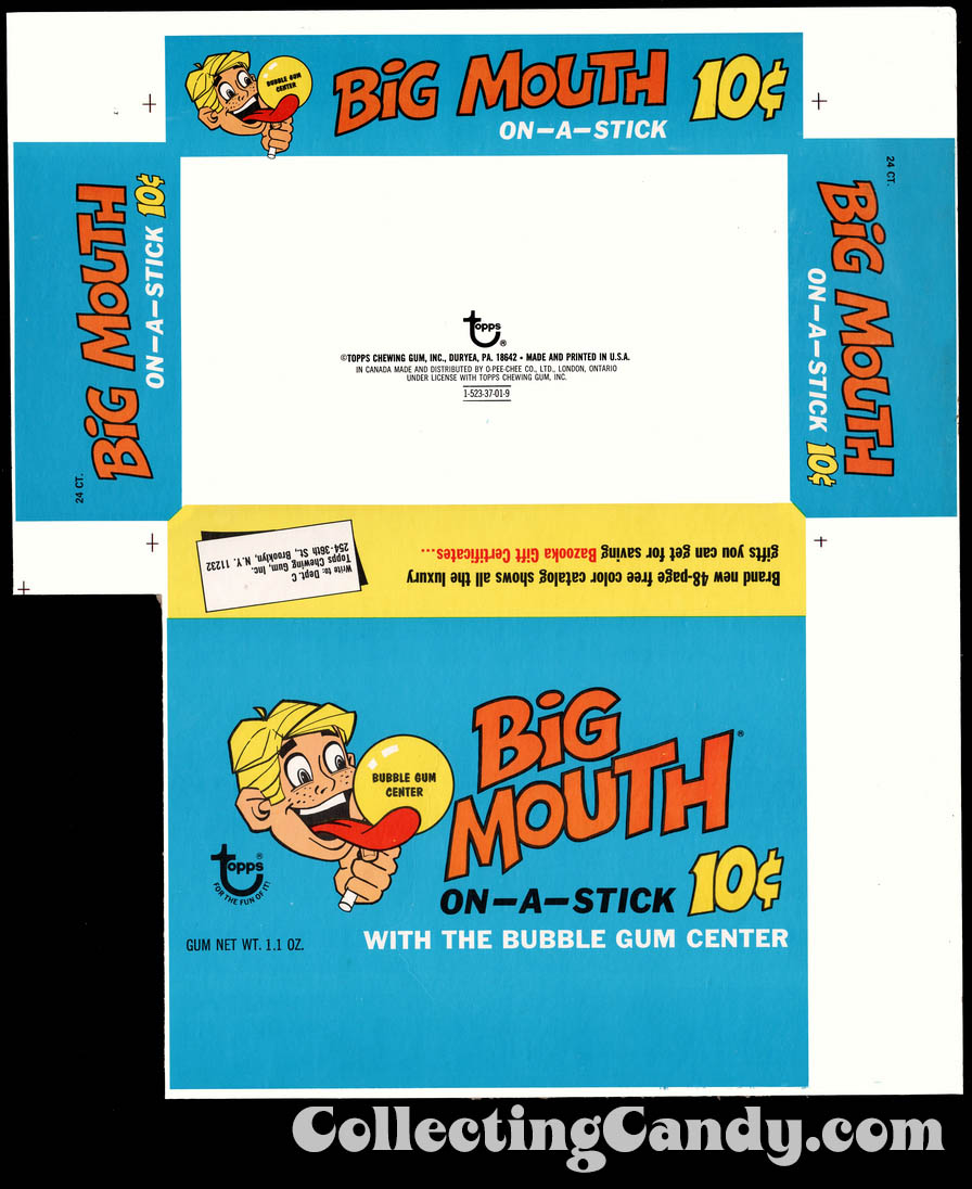 Topps - Big Mouth On-A-Stick (with the bubble gum center) - Bazooka Gift Certificates Box Flat - 1970's